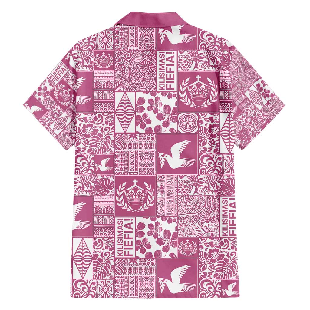 Pink Tonga Kilisimasi Fiefia Family Matching Off Shoulder Short Dress and Hawaiian Shirt Pacific Patchwork Xmas Vibes - Polynesian Pride