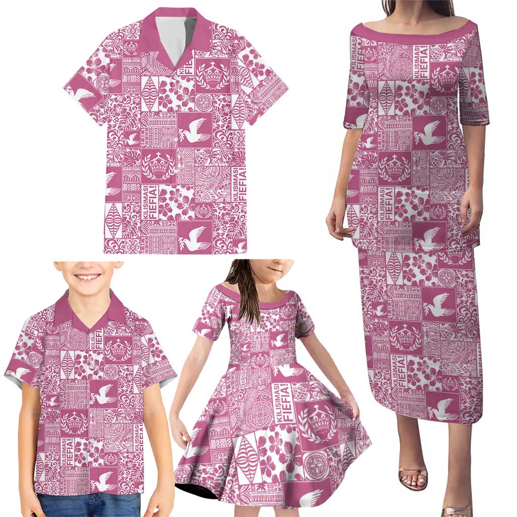Pink Tonga Kilisimasi Fiefia Family Matching Puletasi and Hawaiian Shirt Pacific Patchwork Xmas Vibes - Polynesian Pride
