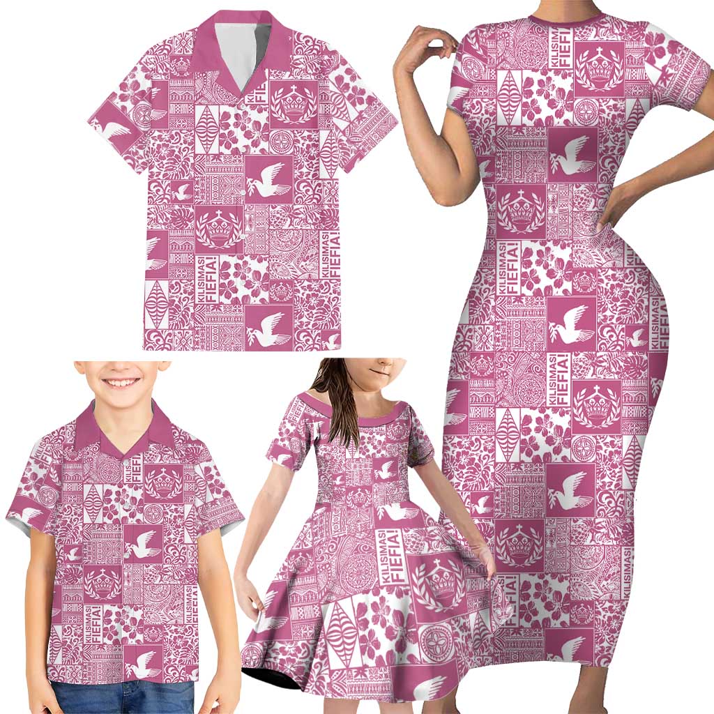 Pink Tonga Kilisimasi Fiefia Family Matching Short Sleeve Bodycon Dress and Hawaiian Shirt Pacific Patchwork Xmas Vibes LT9 - Polynesian Pride