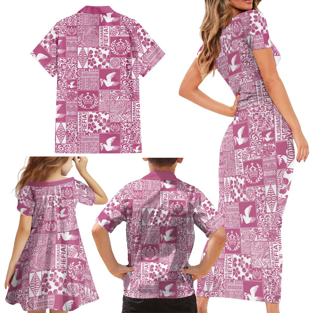 Pink Tonga Kilisimasi Fiefia Family Matching Short Sleeve Bodycon Dress and Hawaiian Shirt Pacific Patchwork Xmas Vibes LT9 - Polynesian Pride