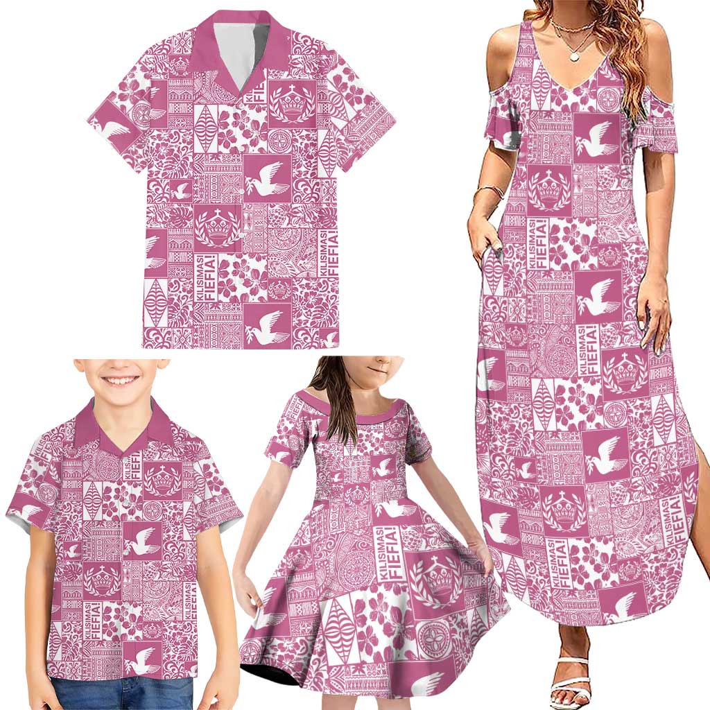 Pink Tonga Kilisimasi Fiefia Family Matching Summer Maxi Dress and Hawaiian Shirt Pacific Patchwork Xmas Vibes - Polynesian Pride