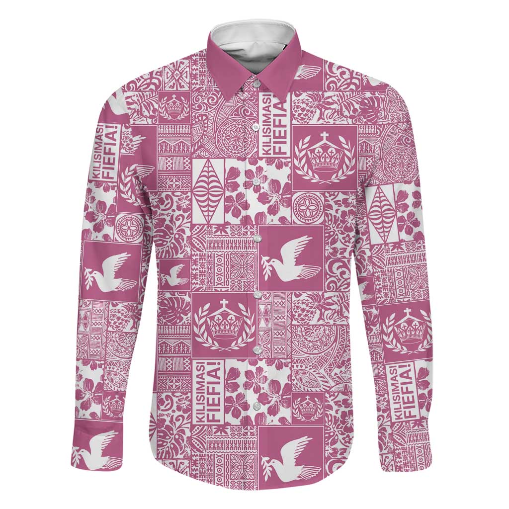 Pink Tonga Kilisimasi Fiefia Family Matching Tank Maxi Dress and Hawaiian Shirt Pacific Patchwork Xmas Vibes LT9 Dad's Shirt - Long Sleeve Pink - Polynesian Pride