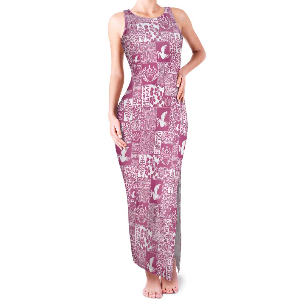 Pink Tonga Kilisimasi Fiefia Family Matching Tank Maxi Dress and Hawaiian Shirt Pacific Patchwork Xmas Vibes LT9 Mom's Dress Pink - Polynesian Pride