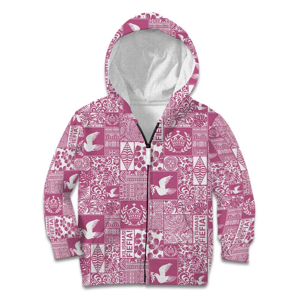 Pink Tonga Kilisimasi Fiefia Kid Hoodie Pacific Patchwork Xmas Vibes LT9 Zip Hoodie Pink - Polynesian Pride