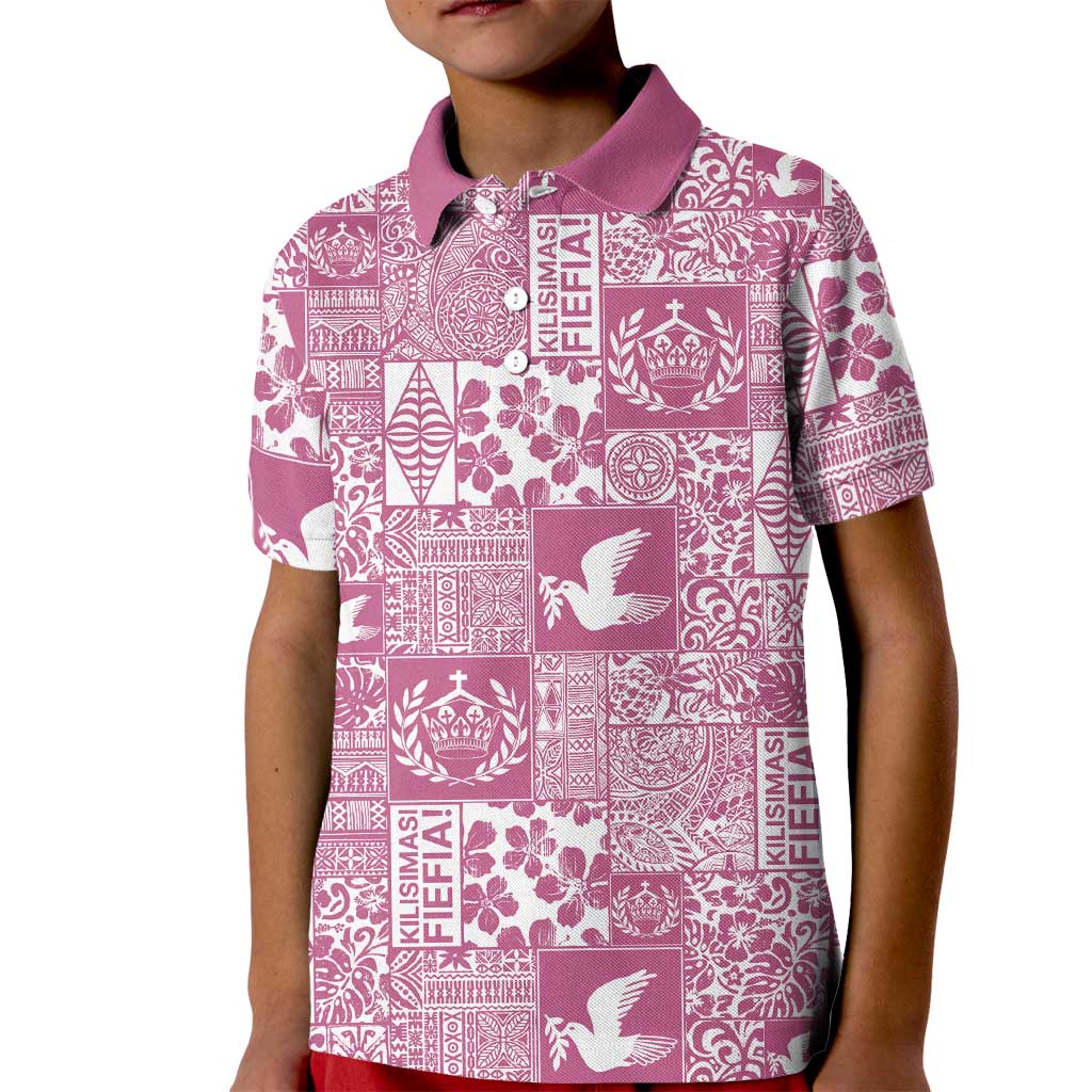 Pink Tonga Kilisimasi Fiefia Kid Polo Shirt Pacific Patchwork Xmas Vibes - Polynesian Pride