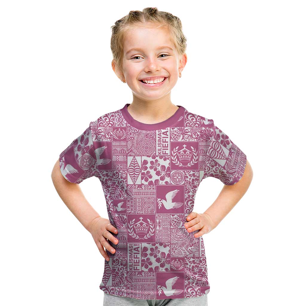 Pink Tonga Kilisimasi Fiefia Kid T Shirt Pacific Patchwork Xmas Vibes - Polynesian Pride