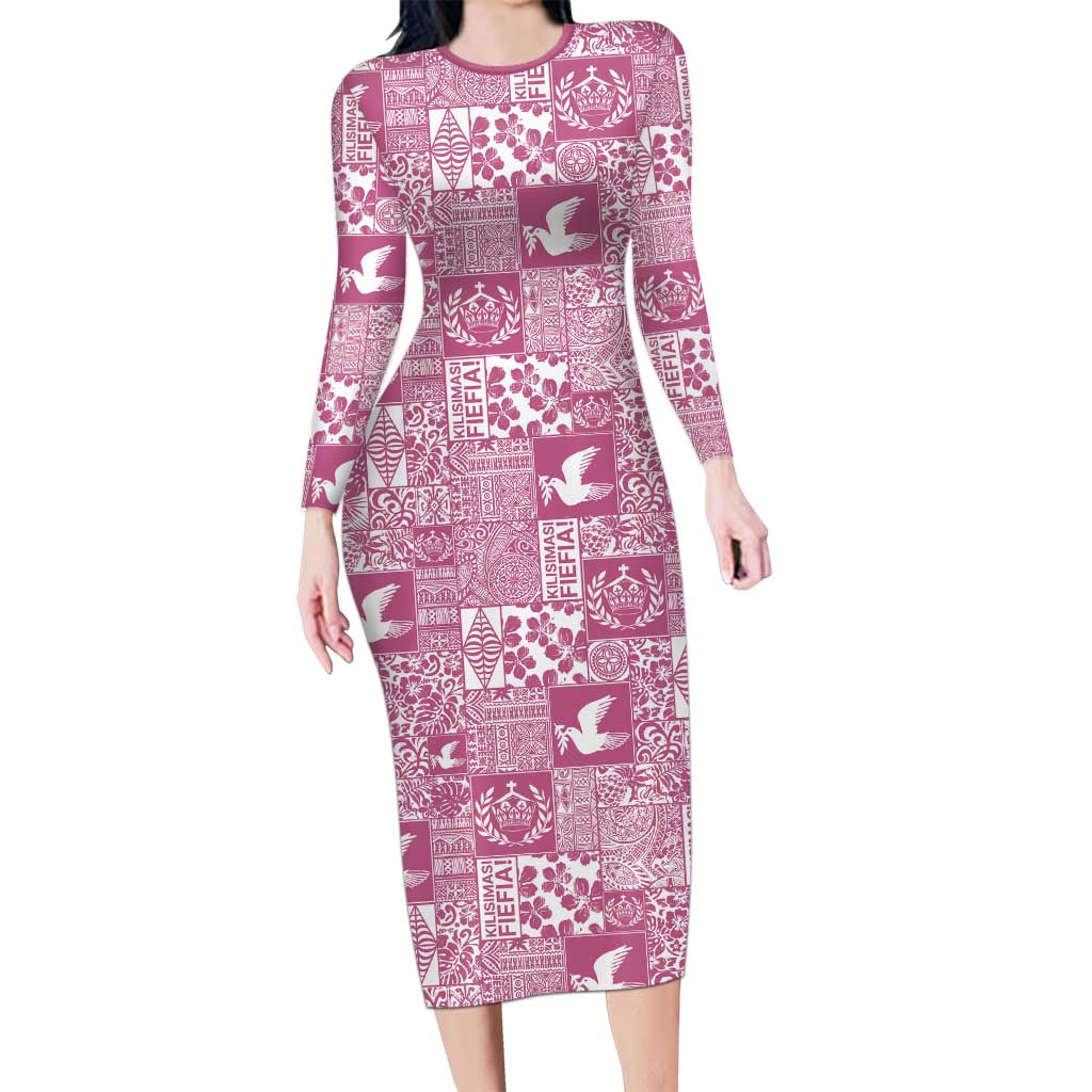 Pink Tonga Kilisimasi Fiefia Long Sleeve Bodycon Dress Pacific Patchwork Xmas Vibes - Polynesian Pride