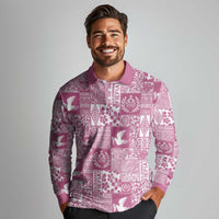 Pink Tonga Kilisimasi Fiefia Long Sleeve Polo Shirt Pacific Patchwork Xmas Vibes - Polynesian Pride