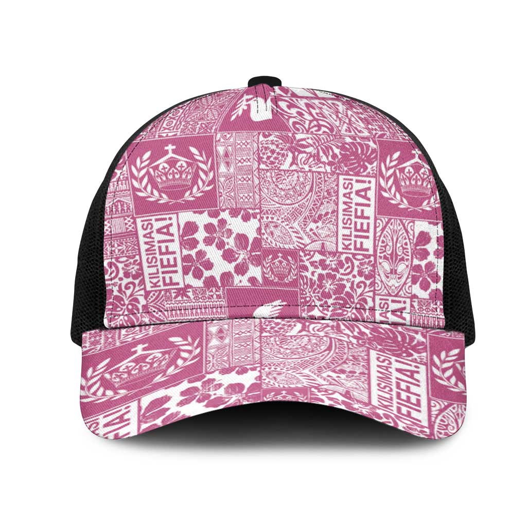 Pink Tonga Kilisimasi Fiefia Mesh Trucker Cap Pacific Patchwork Xmas Vibes - Polynesian Pride