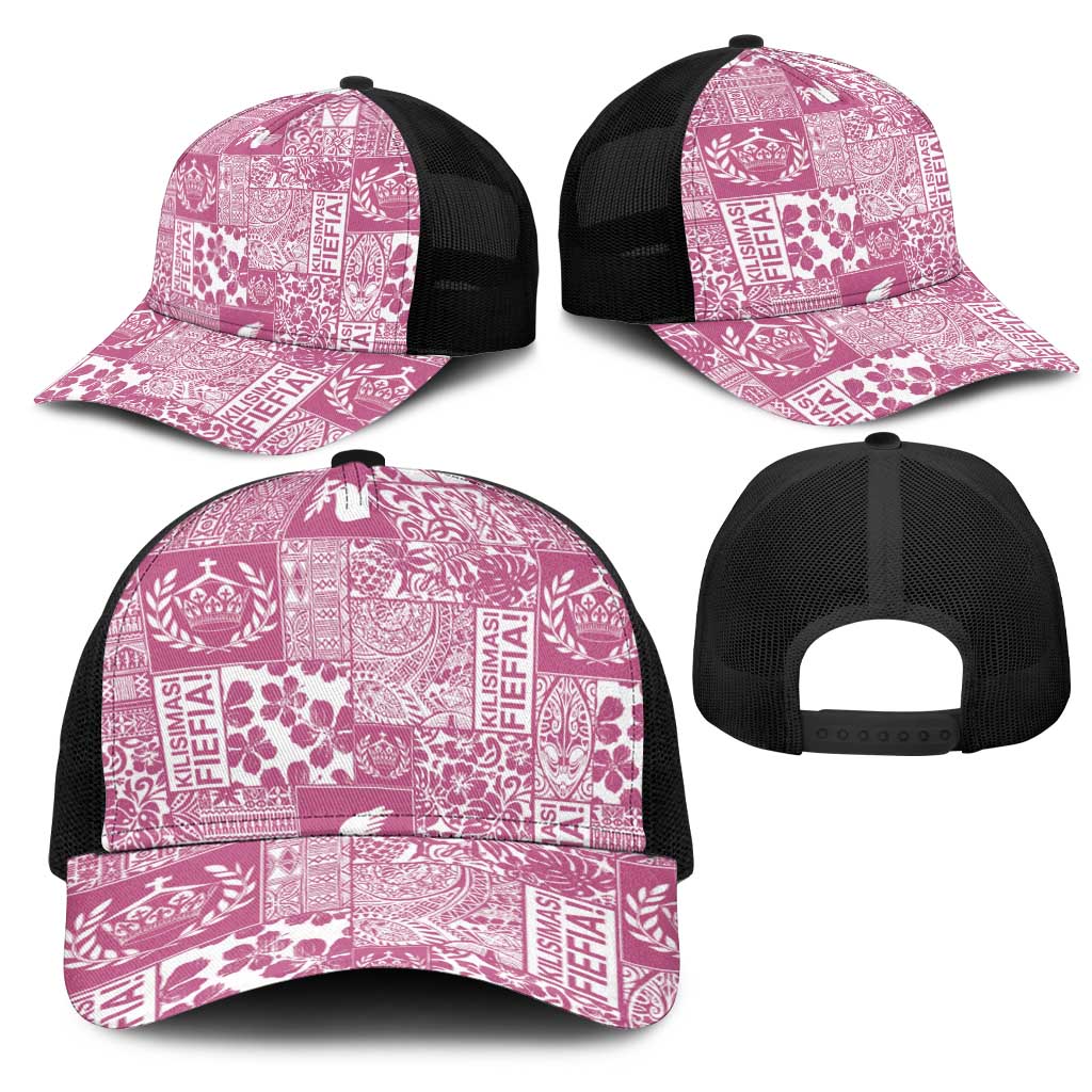 Pink Tonga Kilisimasi Fiefia Mesh Trucker Cap Pacific Patchwork Xmas Vibes - Polynesian Pride