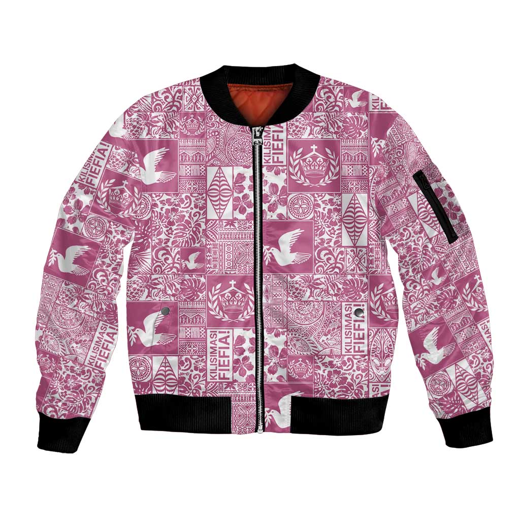 Pink Tonga Kilisimasi Fiefia Sleeve Zip Bomber Jacket Pacific Patchwork Xmas Vibes LT9 Unisex Pink - Polynesian Pride