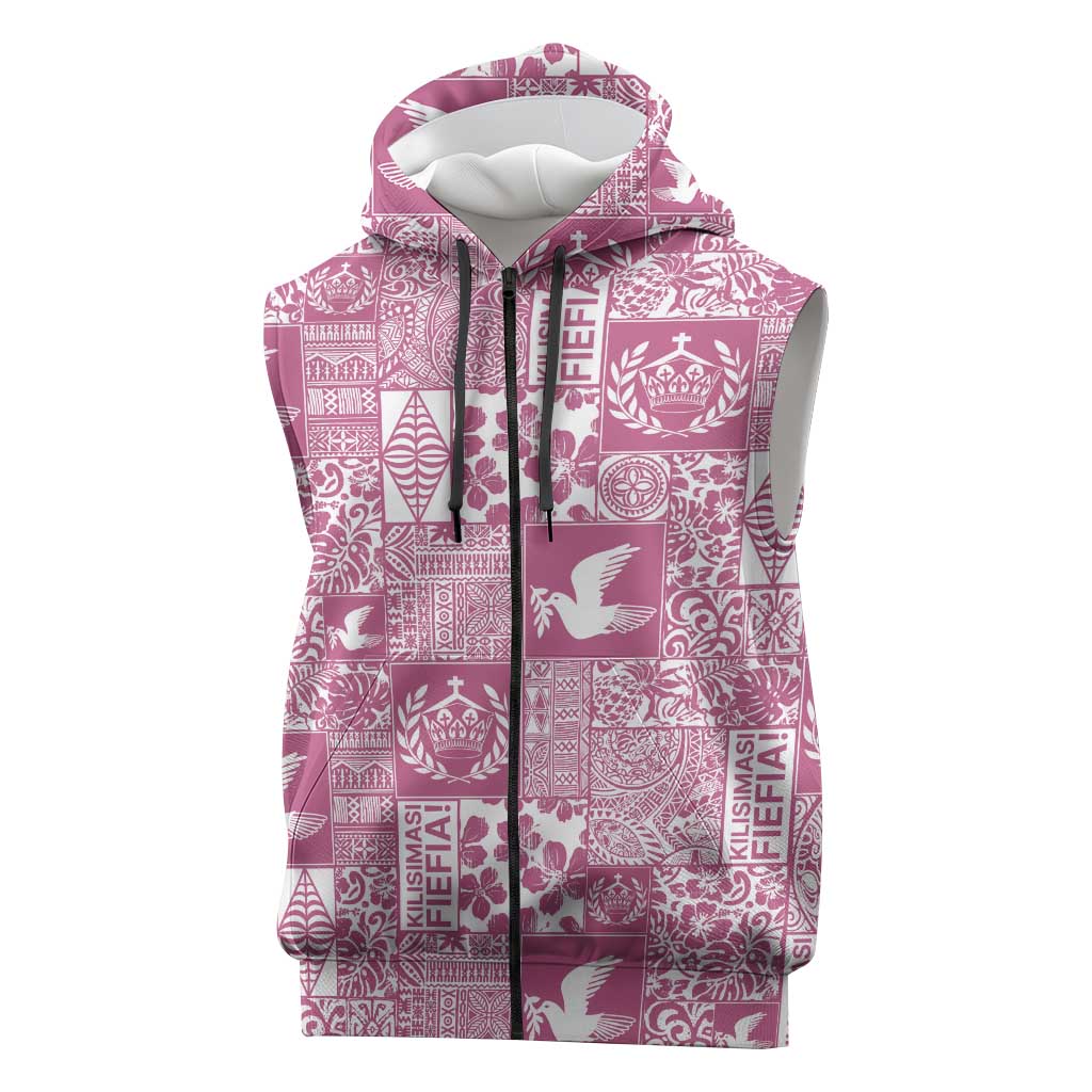 Pink Tonga Kilisimasi Fiefia Sleeveless Zip Hoodie Pacific Patchwork Xmas Vibes - Polynesian Pride
