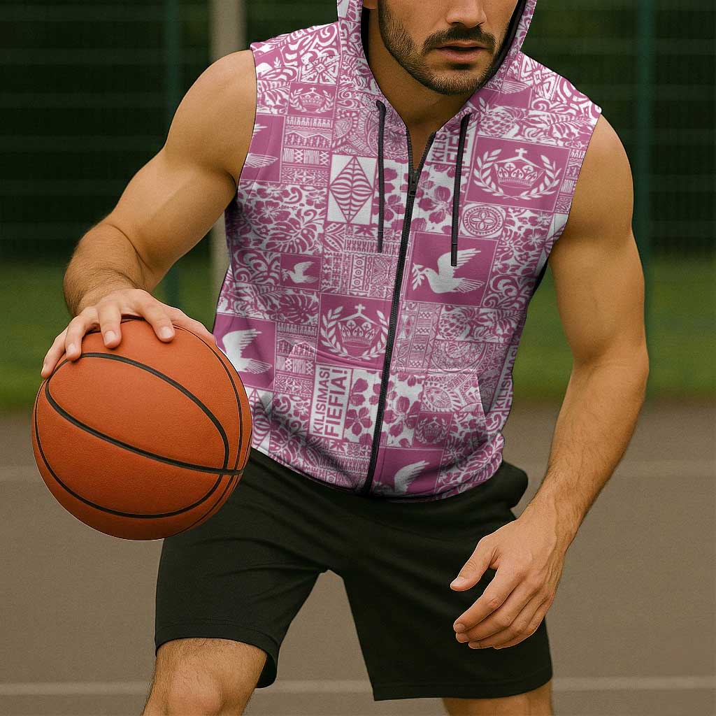 Pink Tonga Kilisimasi Fiefia Sleeveless Zip Hoodie Pacific Patchwork Xmas Vibes - Polynesian Pride