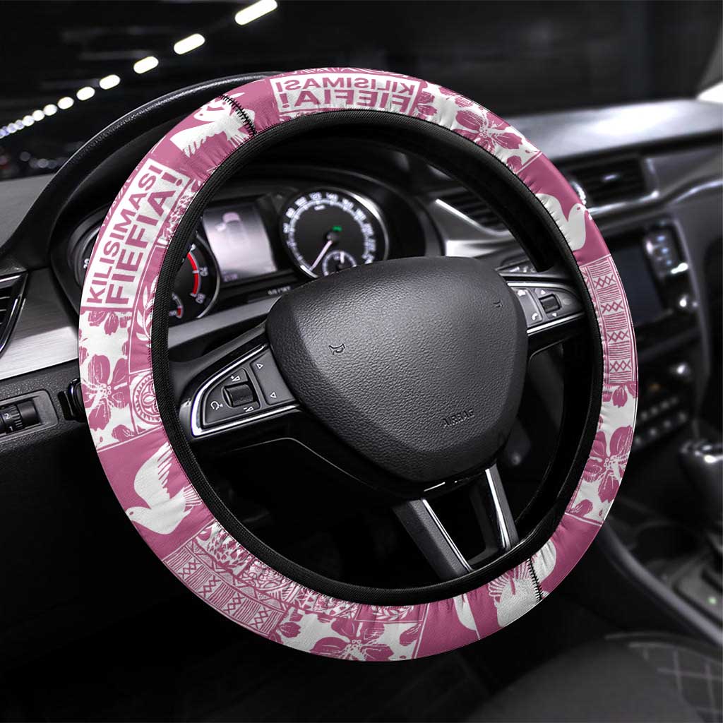Pink Tonga Kilisimasi Fiefia Steering Wheel Cover Pacific Patchwork Xmas Vibes LT9 Universal Fit Pink - Polynesian Pride