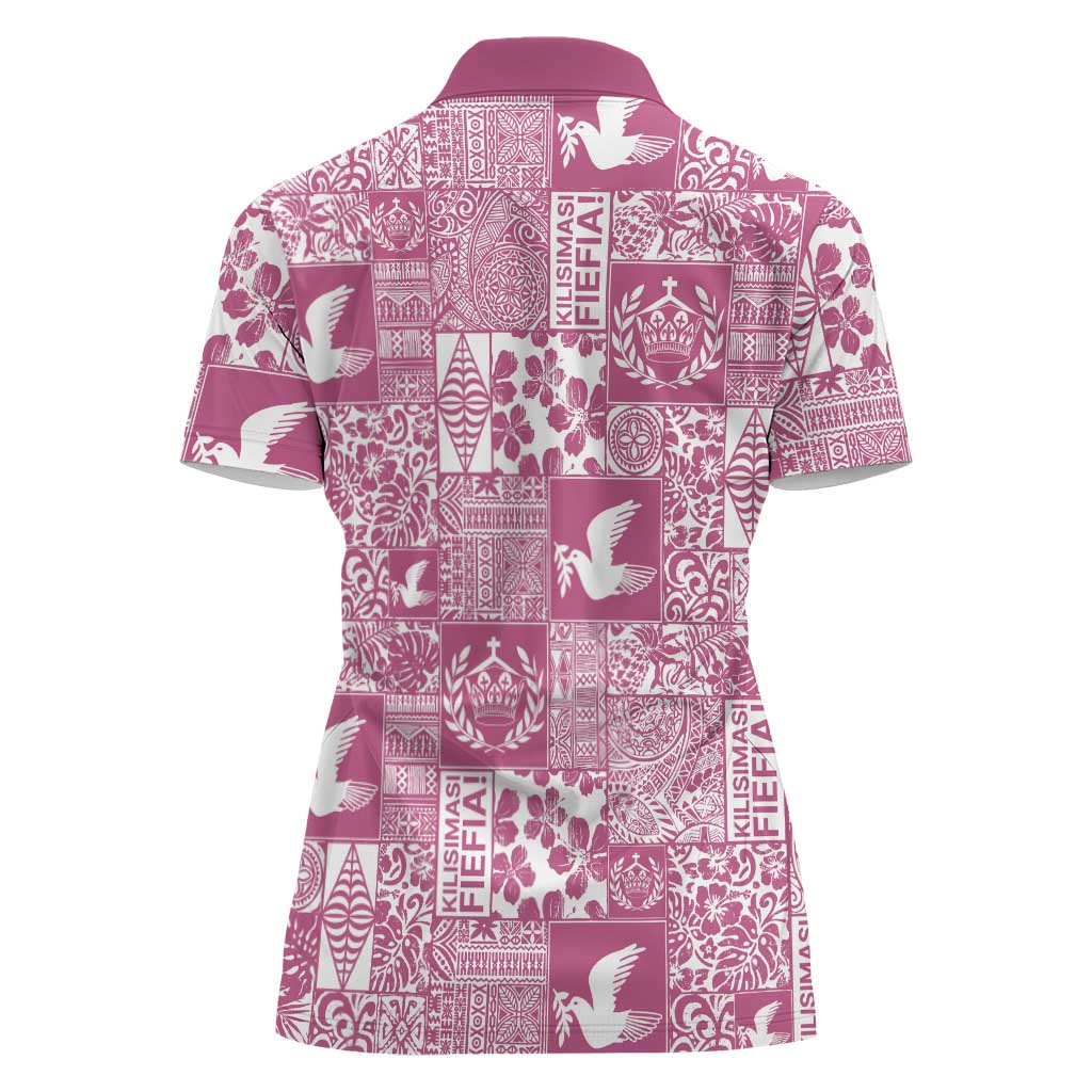 Pink Tonga Kilisimasi Fiefia Women Polo Shirt Pacific Patchwork Xmas Vibes - Polynesian Pride