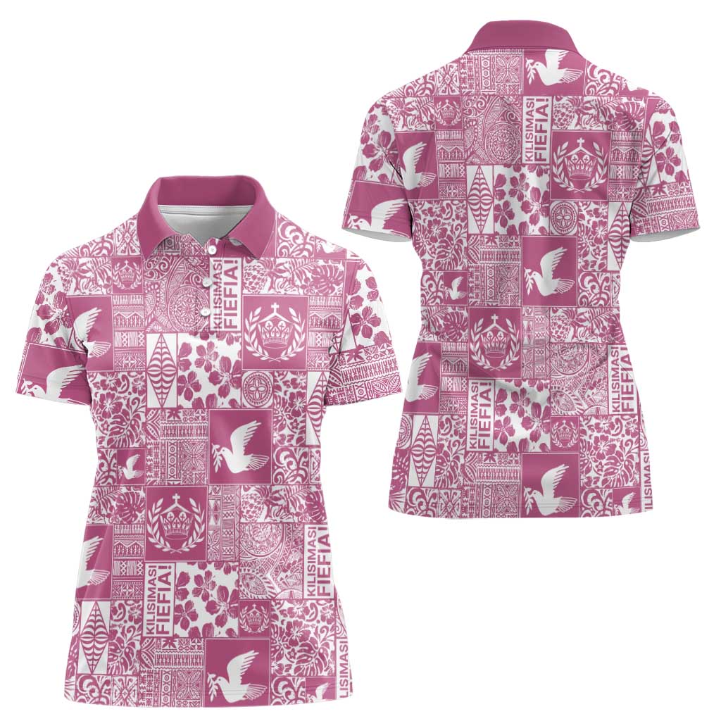 Pink Tonga Kilisimasi Fiefia Women Polo Shirt Pacific Patchwork Xmas Vibes - Polynesian Pride