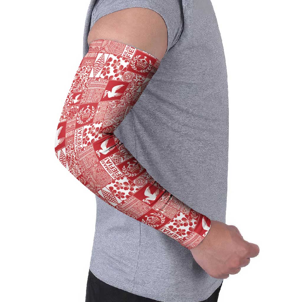 Red Tonga Kilisimasi Fiefia Arm Sleeves Pacific Patchwork Xmas Vibes - Polynesian Pride