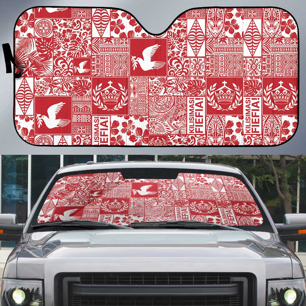 Red Tonga Kilisimasi Fiefia Auto Sun Shade Pacific Patchwork Xmas Vibes LT9 Red - Polynesian Pride