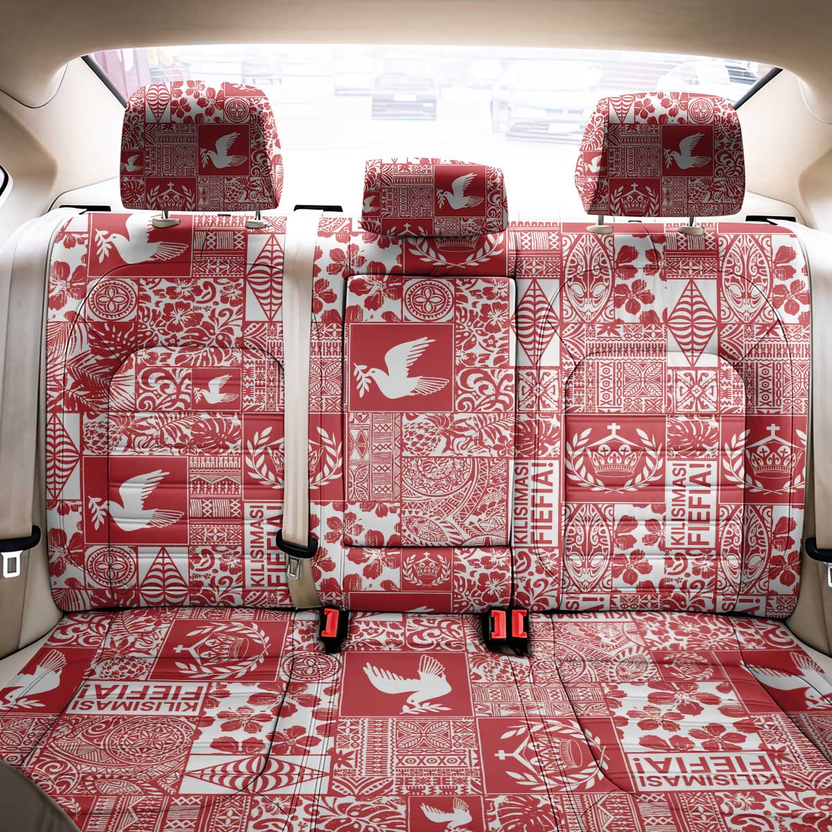 Red Tonga Kilisimasi Fiefia Back Car Seat Cover Pacific Patchwork Xmas Vibes LT9 - Polynesian Pride