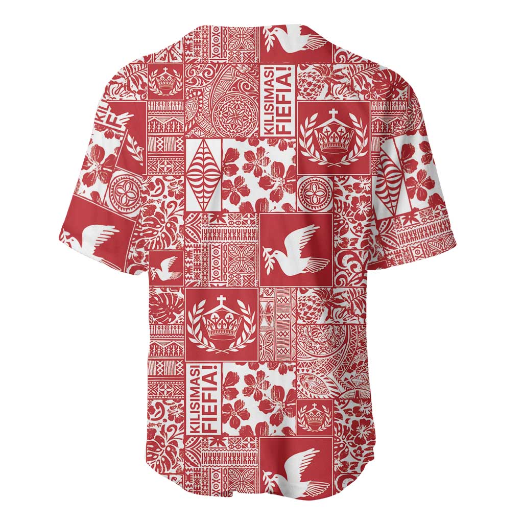 Red Tonga Kilisimasi Fiefia Baseball Jersey Pacific Patchwork Xmas Vibes - Polynesian Pride