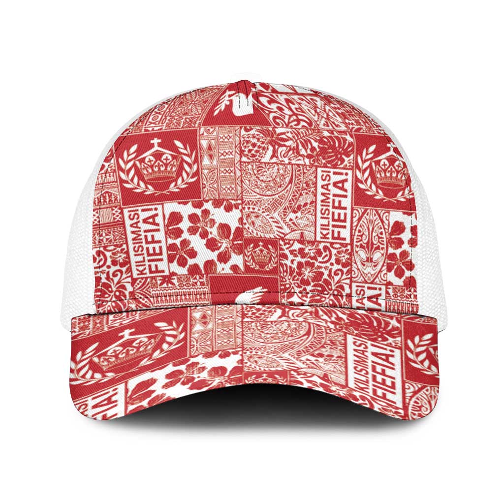 Red Tonga Kilisimasi Fiefia Baseball Net Cap Pacific Patchwork Xmas Vibes - Polynesian Pride