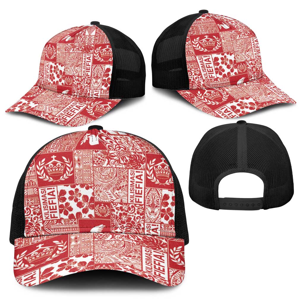 Red Tonga Kilisimasi Fiefia Baseball Net Cap Pacific Patchwork Xmas Vibes - Polynesian Pride
