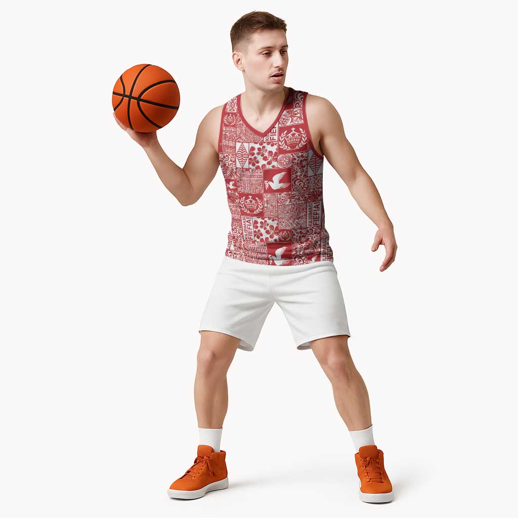 Red Tonga Kilisimasi Fiefia Basketball Jersey Pacific Patchwork Xmas Vibes - Polynesian Pride