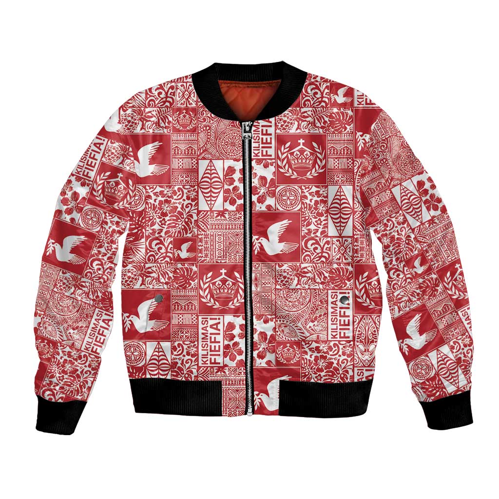 Red Tonga Kilisimasi Fiefia Bomber Jacket Pacific Patchwork Xmas Vibes LT9 Unisex Red - Polynesian Pride