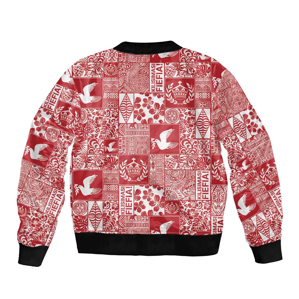 Red Tonga Kilisimasi Fiefia Bomber Jacket Pacific Patchwork Xmas Vibes LT9 - Polynesian Pride