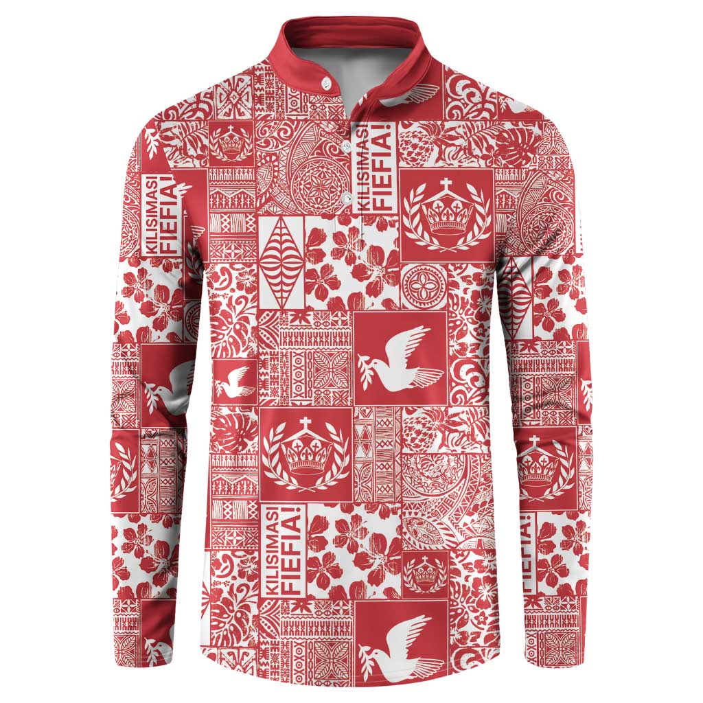 Red Tonga Kilisimasi Fiefia Button Sweatshirt Pacific Patchwork Xmas Vibes LT9 Red - Polynesian Pride