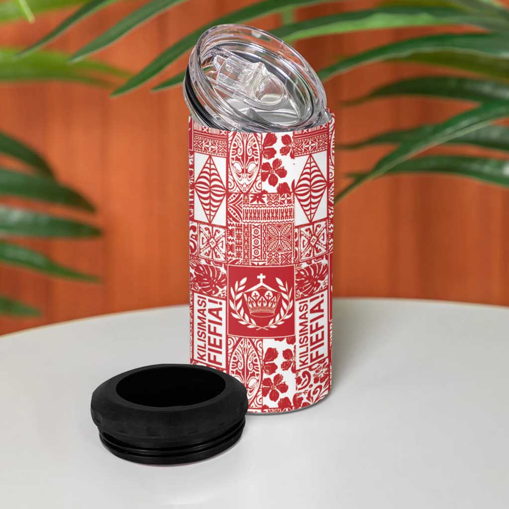 Red Tonga Kilisimasi Fiefia 4 in 1 Can Cooler Tumbler Pacific Patchwork Xmas Vibes - Polynesian Pride