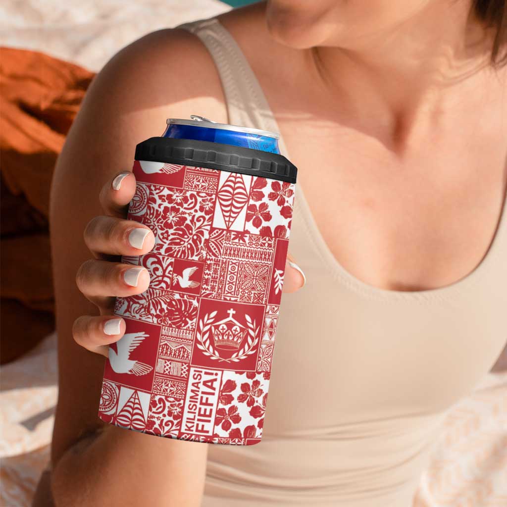 Red Tonga Kilisimasi Fiefia 4 in 1 Can Cooler Tumbler Pacific Patchwork Xmas Vibes - Polynesian Pride