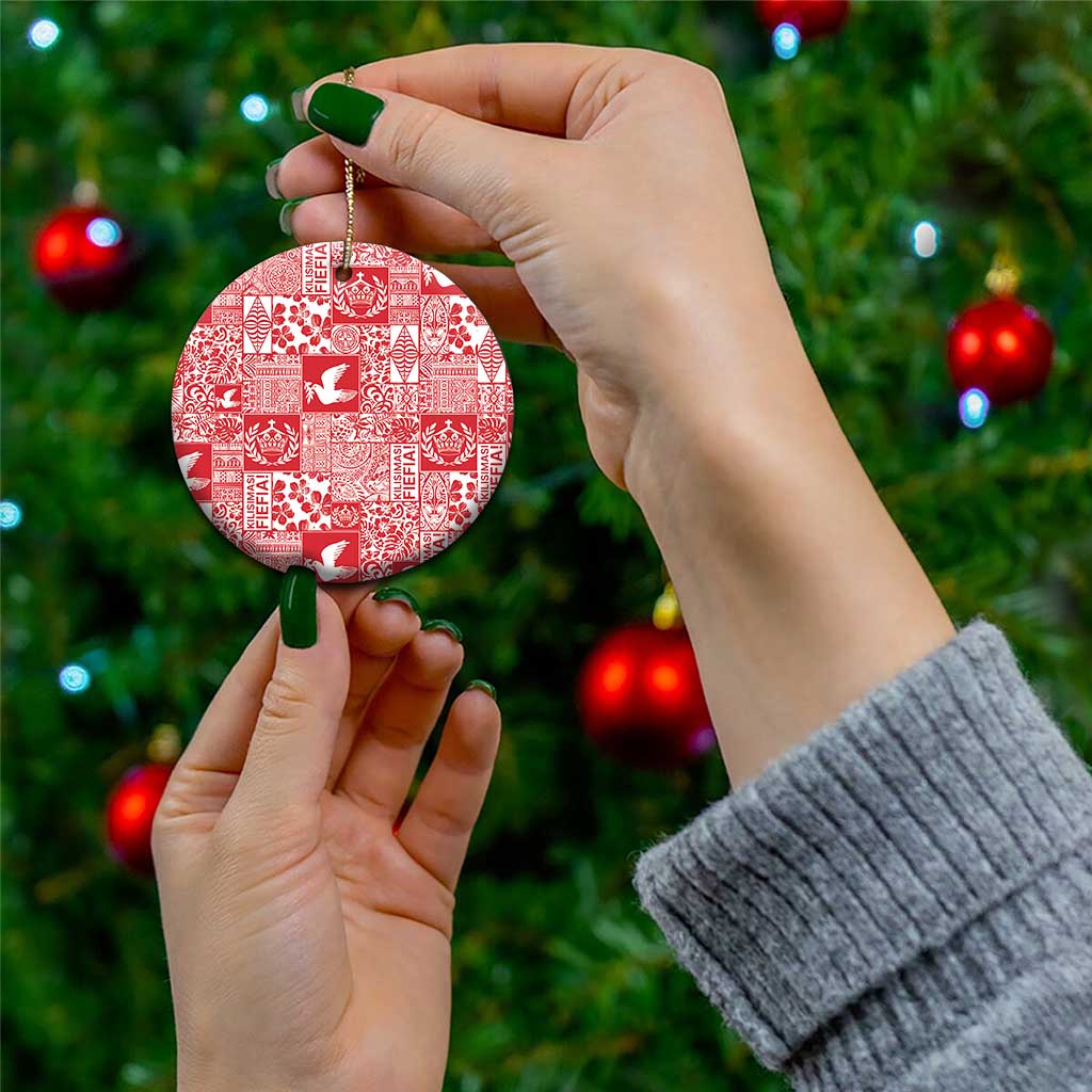 Red Tonga Kilisimasi Fiefia Ceramic Ornament Pacific Patchwork Xmas Vibes - Polynesian Pride