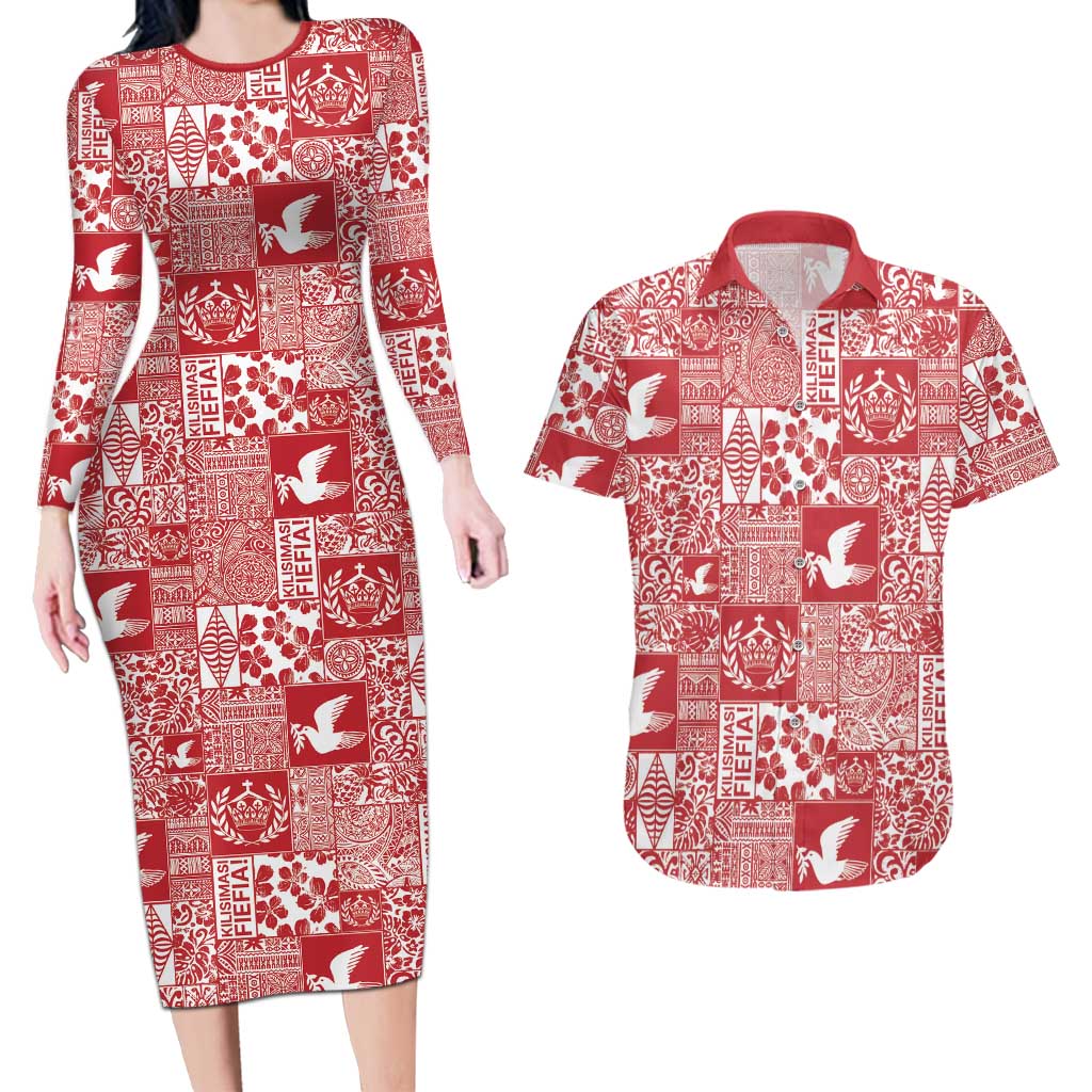 Red Tonga Kilisimasi Fiefia Couples Matching Long Sleeve Bodycon Dress and Hawaiian Shirt Pacific Patchwork Xmas Vibes - Polynesian Pride