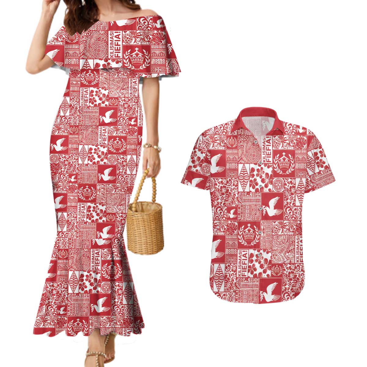 Red Tonga Kilisimasi Fiefia Couples Matching Mermaid Dress and Hawaiian Shirt Pacific Patchwork Xmas Vibes - Polynesian Pride