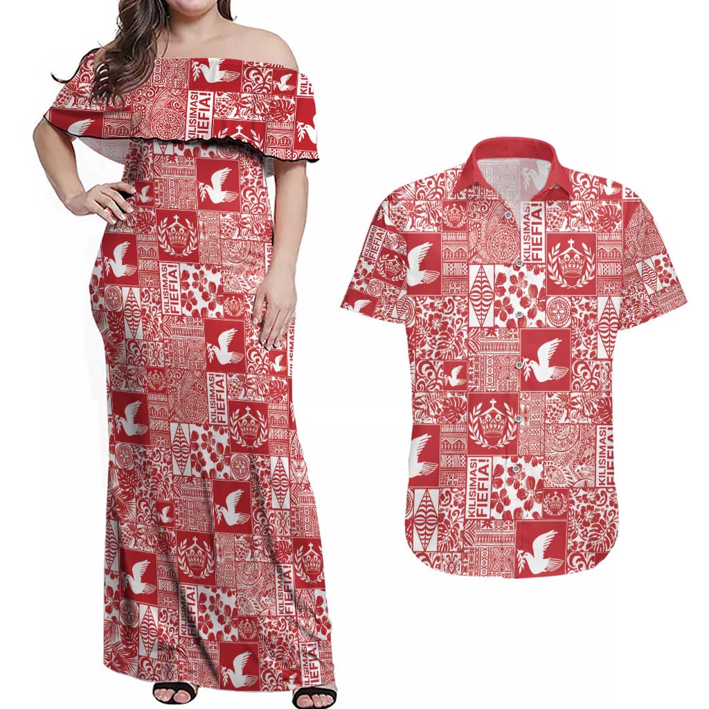 Red Tonga Kilisimasi Fiefia Couples Matching Off Shoulder Maxi Dress and Hawaiian Shirt Pacific Patchwork Xmas Vibes - Polynesian Pride