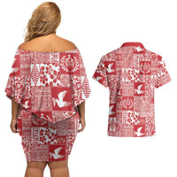 Red Tonga Kilisimasi Fiefia Couples Matching Off Shoulder Short Dress and Hawaiian Shirt Pacific Patchwork Xmas Vibes - Polynesian Pride