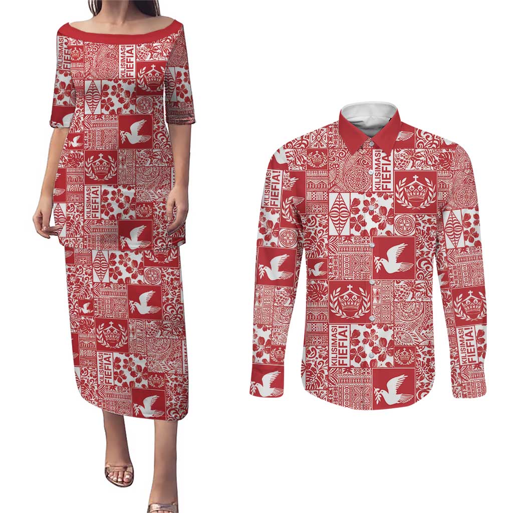 Red Tonga Kilisimasi Fiefia Couples Matching Puletasi and Long Sleeve Button Shirt Pacific Patchwork Xmas Vibes - Polynesian Pride