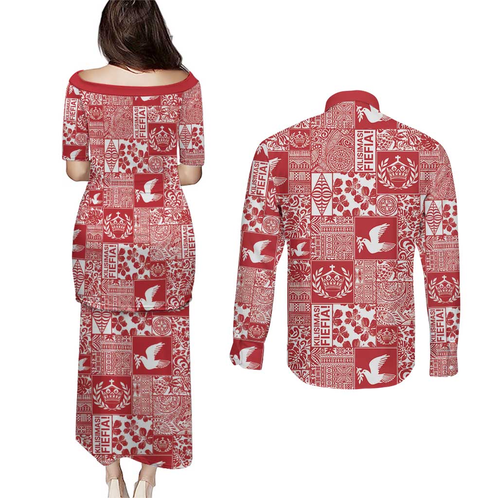 Red Tonga Kilisimasi Fiefia Couples Matching Puletasi and Long Sleeve Button Shirt Pacific Patchwork Xmas Vibes - Polynesian Pride