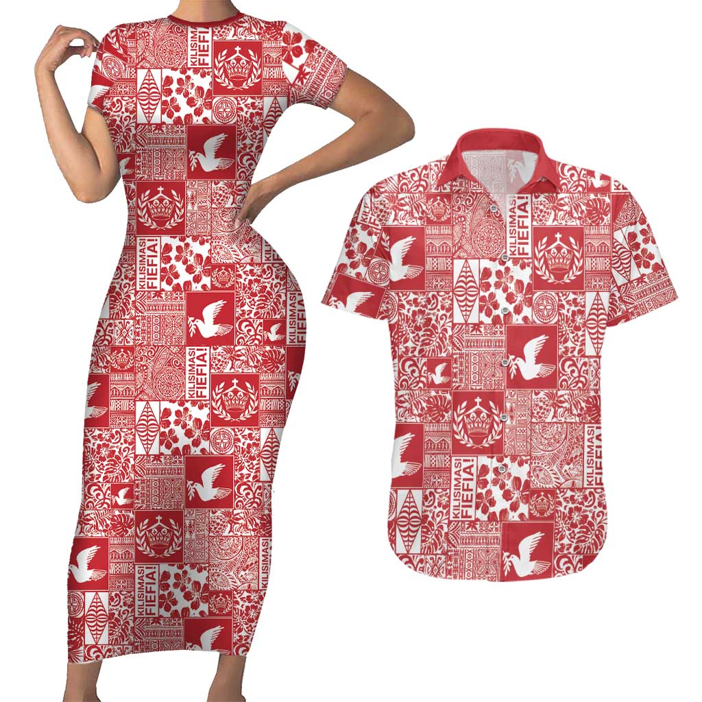 Red Tonga Kilisimasi Fiefia Couples Matching Short Sleeve Bodycon Dress and Hawaiian Shirt Pacific Patchwork Xmas Vibes - Polynesian Pride