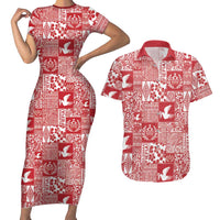 Red Tonga Kilisimasi Fiefia Couples Matching Short Sleeve Bodycon Dress and Hawaiian Shirt Pacific Patchwork Xmas Vibes - Polynesian Pride
