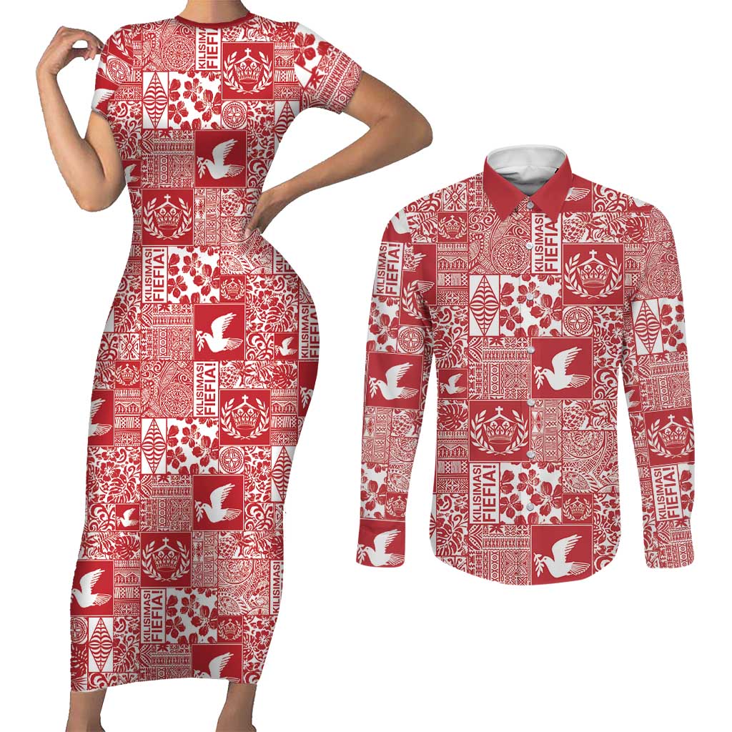 Red Tonga Kilisimasi Fiefia Couples Matching Short Sleeve Bodycon Dress and Long Sleeve Button Shirt Pacific Patchwork Xmas Vibes - Polynesian Pride