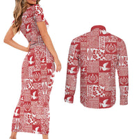 Red Tonga Kilisimasi Fiefia Couples Matching Short Sleeve Bodycon Dress and Long Sleeve Button Shirt Pacific Patchwork Xmas Vibes - Polynesian Pride