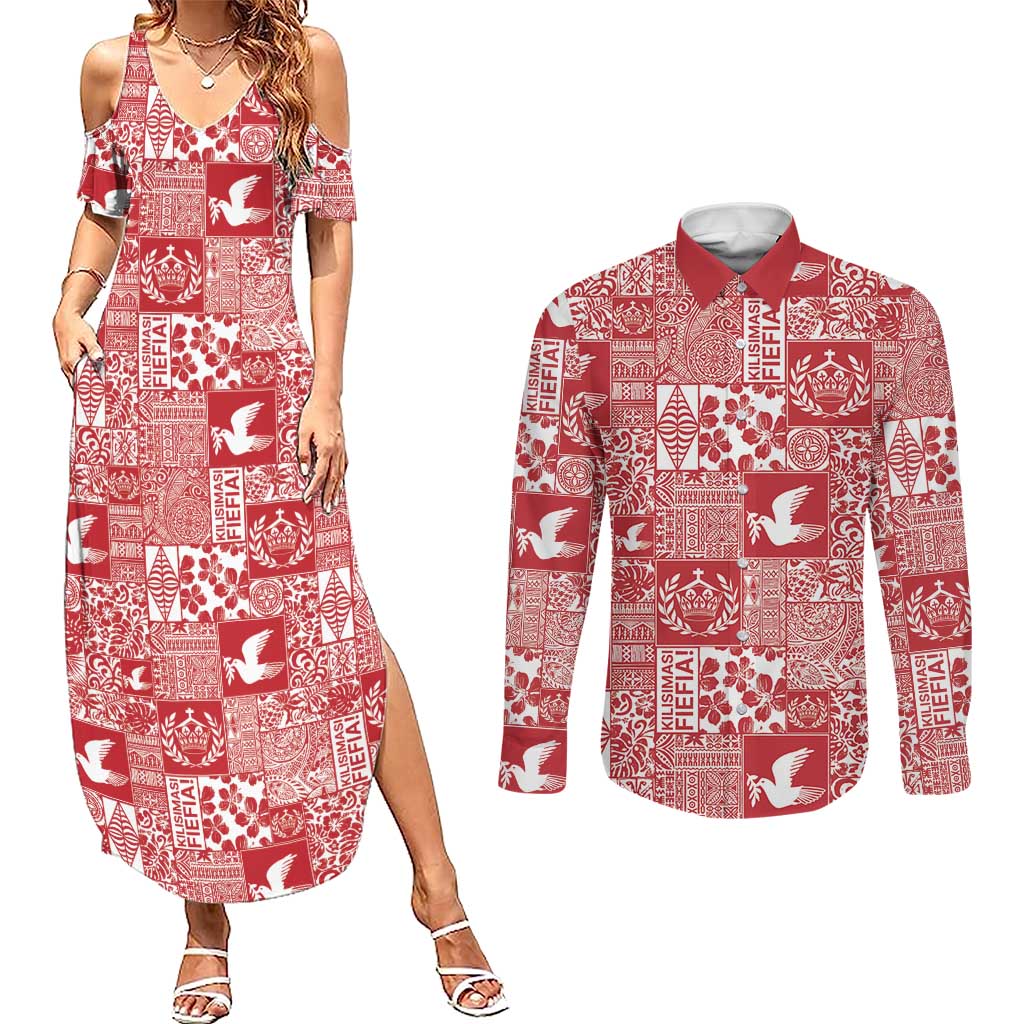 Red Tonga Kilisimasi Fiefia Couples Matching Summer Maxi Dress and Long Sleeve Button Shirt Pacific Patchwork Xmas Vibes - Polynesian Pride