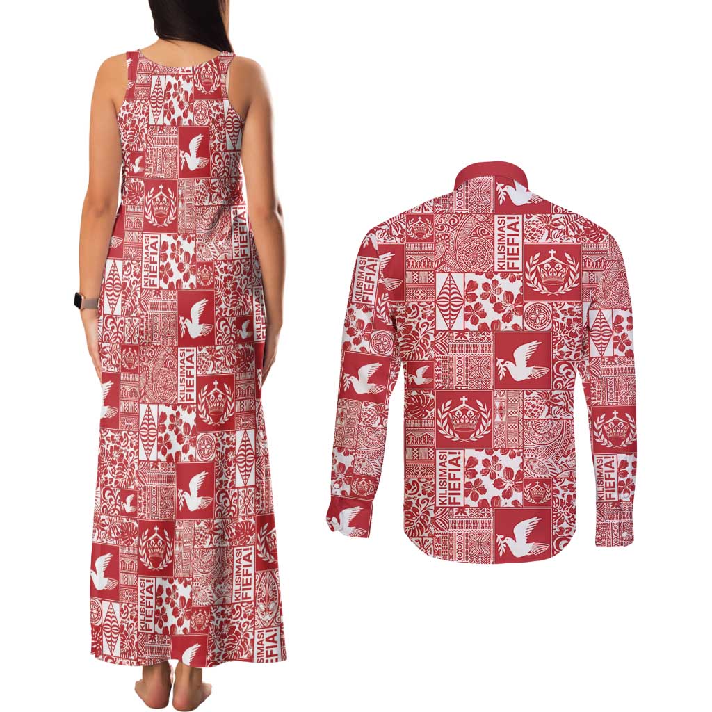 Red Tonga Kilisimasi Fiefia Couples Matching Tank Maxi Dress and Long Sleeve Button Shirt Pacific Patchwork Xmas Vibes LT9 - Polynesian Pride