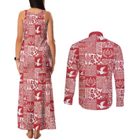 Red Tonga Kilisimasi Fiefia Couples Matching Tank Maxi Dress and Long Sleeve Button Shirt Pacific Patchwork Xmas Vibes LT9 - Polynesian Pride