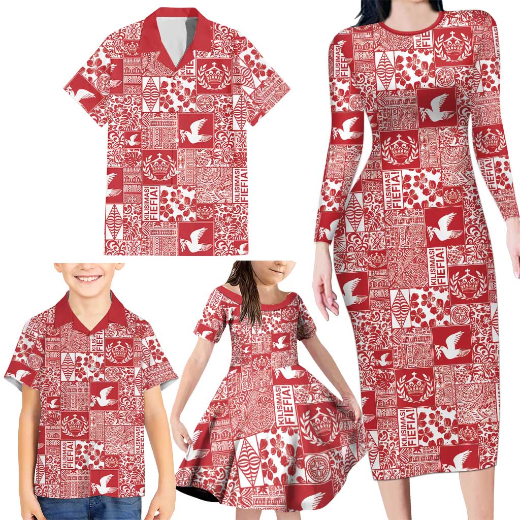 Red Tonga Kilisimasi Fiefia Family Matching Long Sleeve Bodycon Dress and Hawaiian Shirt Pacific Patchwork Xmas Vibes - Polynesian Pride