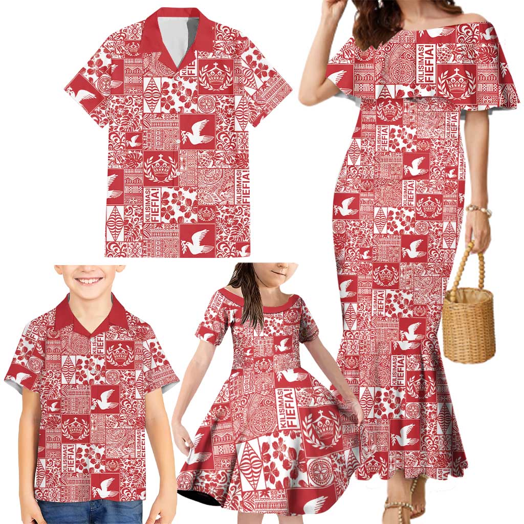 Red Tonga Kilisimasi Fiefia Family Matching Mermaid Dress and Hawaiian Shirt Pacific Patchwork Xmas Vibes LT9 - Polynesian Pride