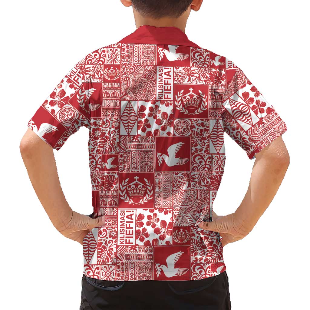 Red Tonga Kilisimasi Fiefia Family Matching Off The Shoulder Long Sleeve Dress and Hawaiian Shirt Pacific Patchwork Xmas Vibes LT9 - Polynesian Pride