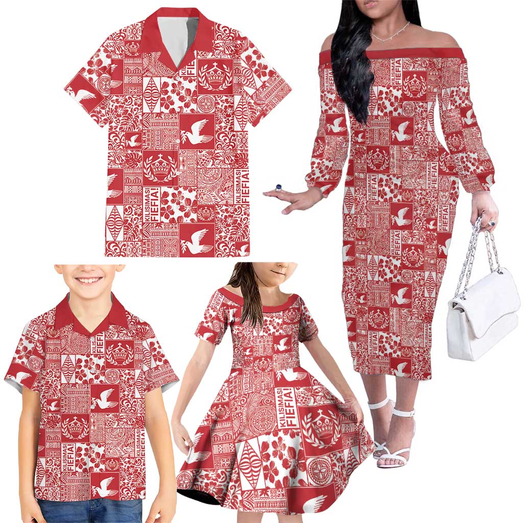 Red Tonga Kilisimasi Fiefia Family Matching Off The Shoulder Long Sleeve Dress and Hawaiian Shirt Pacific Patchwork Xmas Vibes LT9 - Polynesian Pride